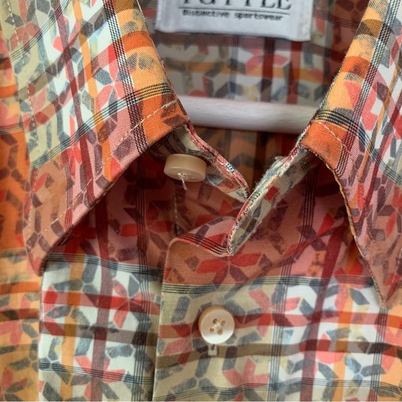 Orange check plaid geometric design short sleeve shirt by Tuttle Sportswear - Picture 12 of 16